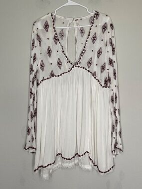 Free People Tunic Top Women's L Bell Sleeve Boho Diamond Embroidered